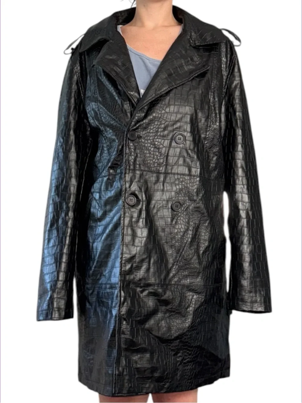 Forever 21 Black Croc-Embossed Trench Coat